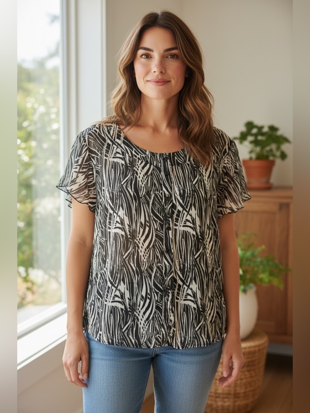 Sere Nade Black & White Printed Button-Front Flutter Sleeve Blouse